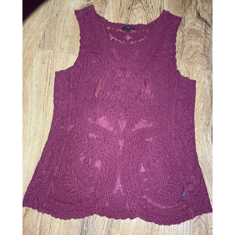 Express Women’s Lace Sleeveless Sheer Maroon Top, Size Small